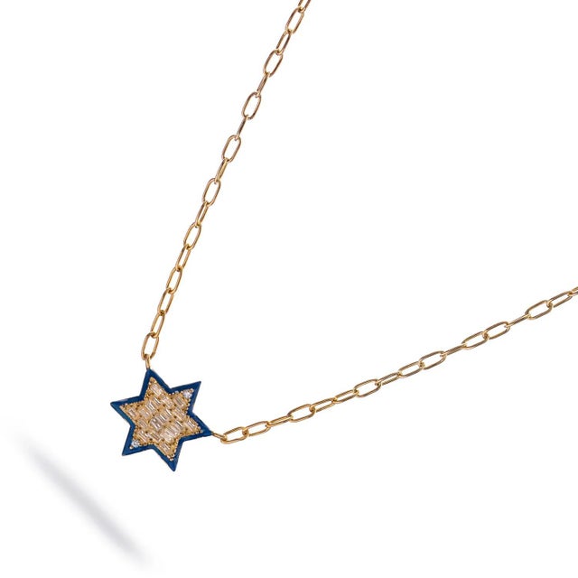 Metal Divine Star of David Blue Enamel Gold Necklace For Sale - Image 7 of 9