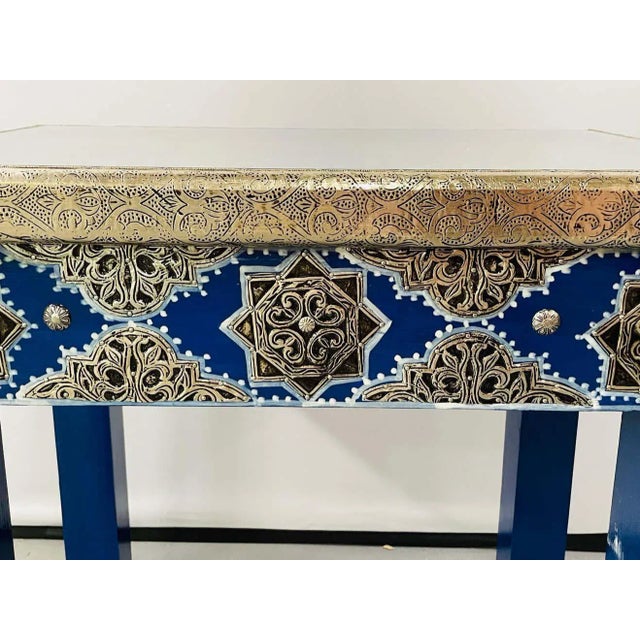 Boho Chic Style Moroccan Blue & Silver Rectangular Side or End Table, Pair For Sale - Image 9 of 13