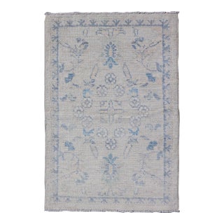 Modern Oushak Rug With Soft Ivory Base and Delicate Sky Blue Floral 1'10 X 3'0 For Sale
