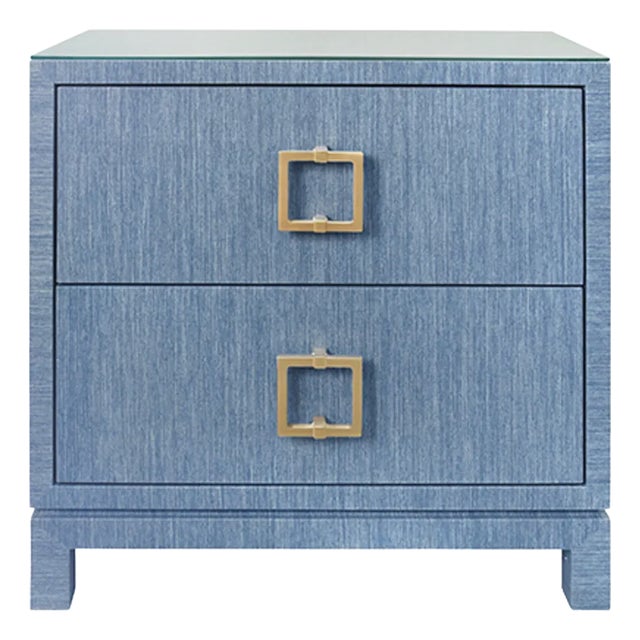 Matthew Izzo Home - Cole Blue Textured Linen Two Drawer Side Table With Satin Brass Hardware For Sale