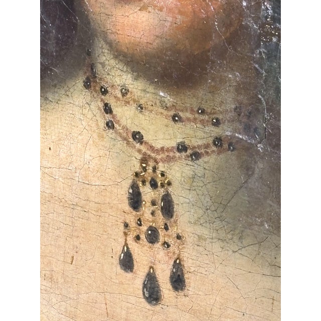 Wood German School Artist, Portrait of a Woman Adorned with Jewelry, 18th Century, Oil Painting on Panel, Framed For Sale - Image 7 of 12