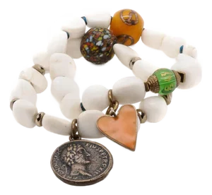 White Beaded Yellow Heart Zen Bracelet Set, 2 Pieces