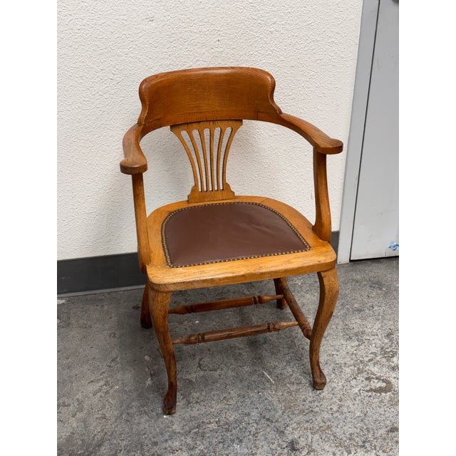 Traditional Captain’s Oak + Leather Armchair, Antique For Sale - Image 3 of 9