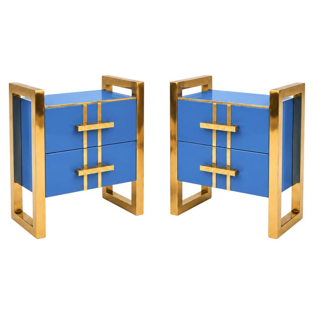 Cornflower Blue Glass Nightstands with Brass Frames and Drawers from Justfurnituress SRL, Set of 2 For Sale - Image 10 of 10