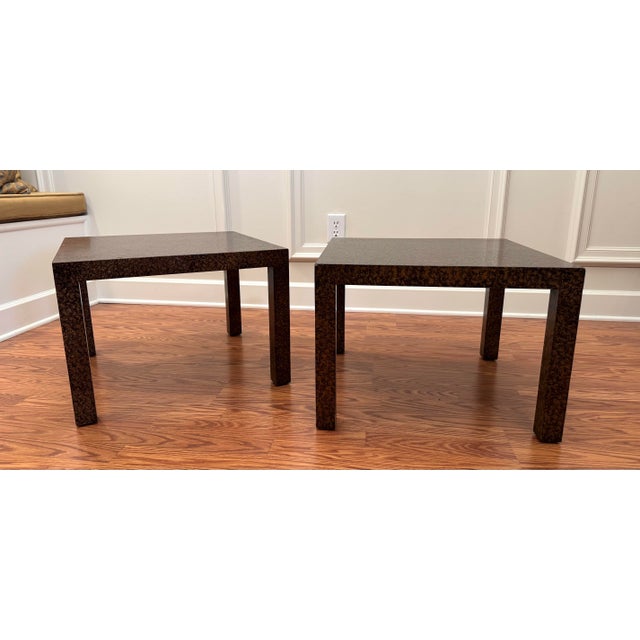 Henredon Pair of Vintage Henredon Hollywood Regency Faux Tortoise Shell Parson Solid Wood Side Tables in Mottled Brown & Amber For Sale - Image 4 of 12
