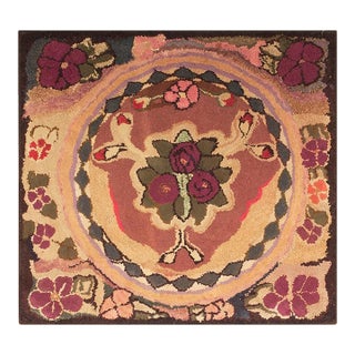 1930s Tan Camel Floral Folk Art Antique American Hooked Rug 3' 0" X 3' 4" Hand Knotted Wool Carpet For Sale