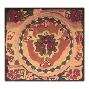 1930s Tan Camel Floral Folk Art Antique American Hooked Rug 3' 0" X 3' 4" Hand Knotted Wool Carpet