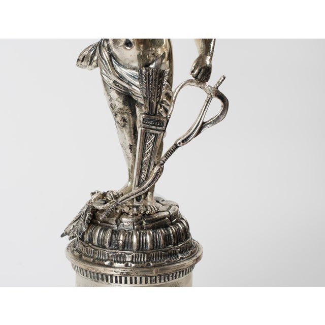 Metal 1950s Spanish Empire Silver-Plated Cast Brass Cupid Cherub Lamp With Scavo Flame Shade For Sale - Image 7 of 13