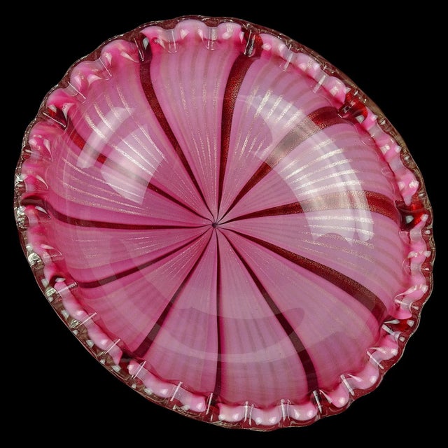 Mid-Century Modern Vintage Murano Mid Century Pink Aventurine Ribbons Gold Flecks Italian Art Glass Scalloped Rim Bowl For Sale - Image 3 of 10