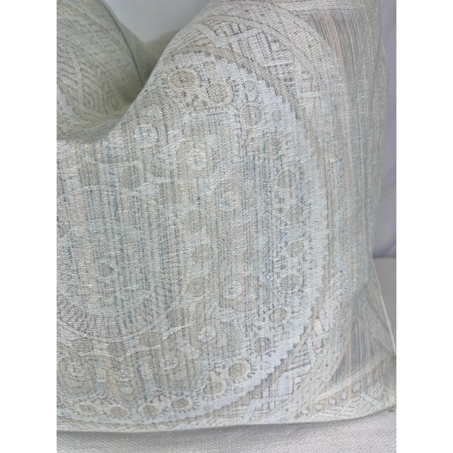 Custom pair of 22" pillows covered in Cowtan & Tout "Olma" in mist woven suzani fabric and welted in a mist colored silk...
