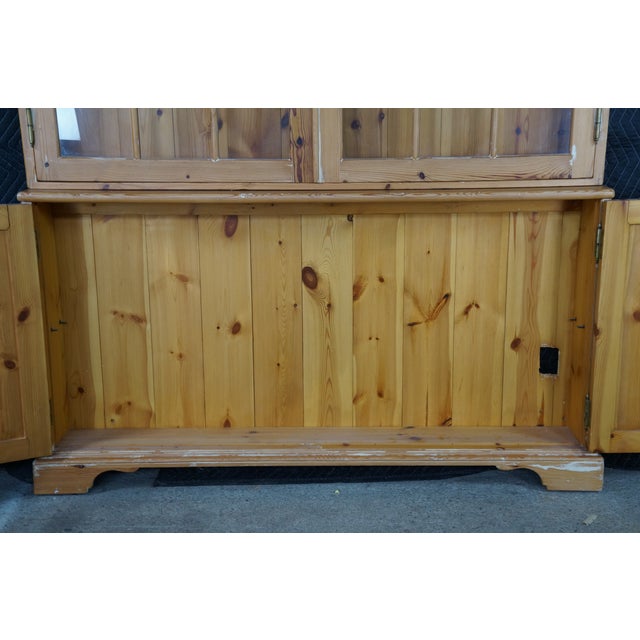 Late 20th Century Rare English Knotty Pine Shallow Glazed Glass China Display Cabinet Cupboard 95" For Sale - Image 9 of 18