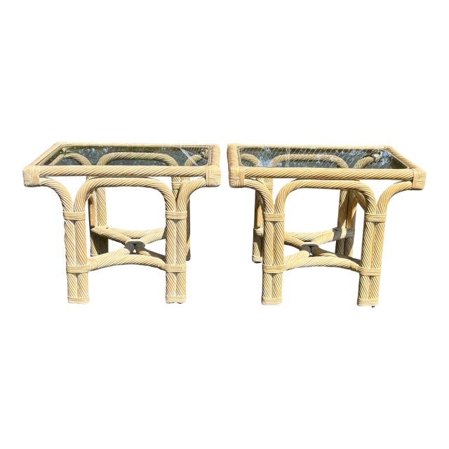 Vintage Coastal Rattan and Glass End Tables - Pair For Sale