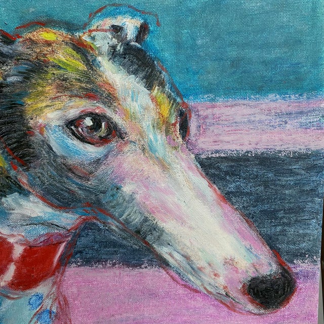 Boho Chic Original Greyhound Portrait Painting in Brushed Gold Frame, Oil Chalk, 14" X 14" by Tatiana Duperault For Sale - Image 3 of 4