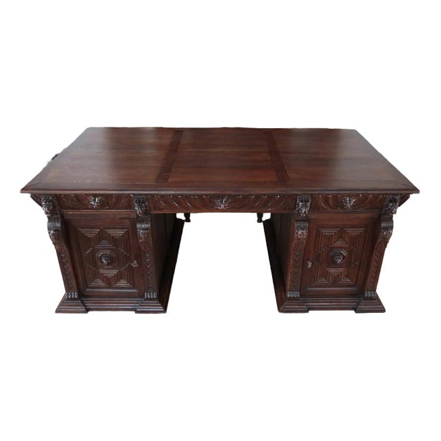Neo-Renaissance Oak Double-Sided Writing Desk For Sale
