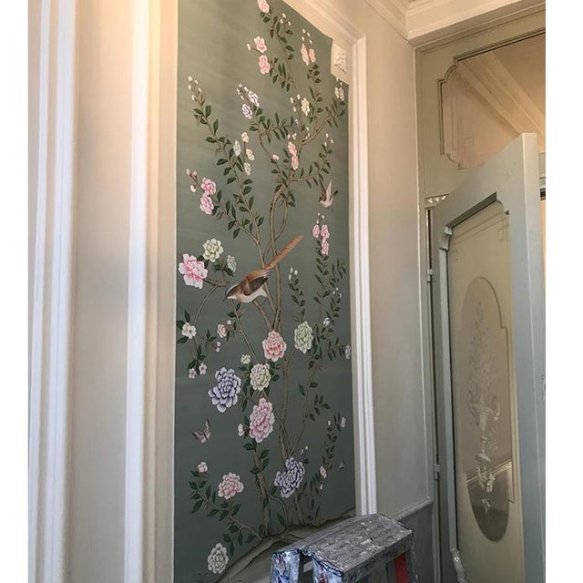 If you love the look of De Gournay wallpaper but not the price, this is for you. Elegant Sage Green Hand-Painted Silk...