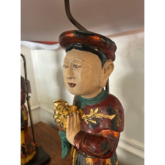 Antique Vietnamese Altar Maid Figurine Hand Carved Table Lamps - a Pair For Sale - Image 14 of 18