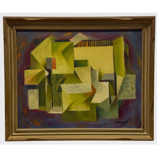 This is a mid-century modern cubist abstract oil on canvas that dates to 1957. The artist’s last name is Covick. The...