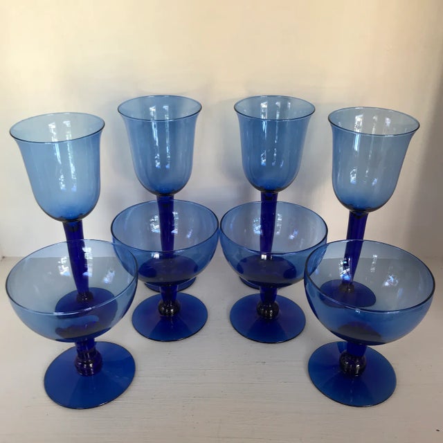 Cobalt Blue Wine Glasses and Cobalt Blue Compote Glasses 4 Each - Set of 8 For Sale - Image 13 of 13