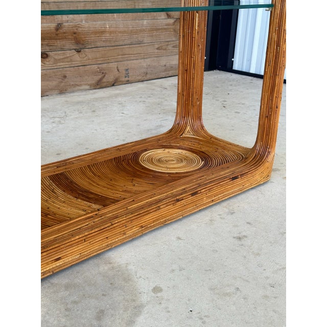Gabriella Crespi Monumental Vintage Pencil Rattan Waterfall Étagère With Glass Shelves For Sale - Image 4 of 12