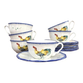 Lunéville “Les Coqs” Rooster Cup and Saucers – Set of 6 French Country Farm Pattern For Sale