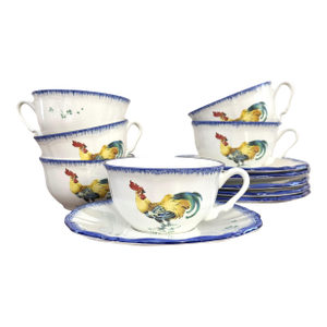 Lunéville “Les Coqs” Rooster Cup and Saucers – Set of 6 French Country Farm Pattern