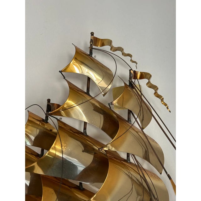 Mid-Century Modern Vintage Modernist John DeMott Brass Sailing Ship Wall Sculpture, Signed, Original Label For Sale - Image 3 of 8
