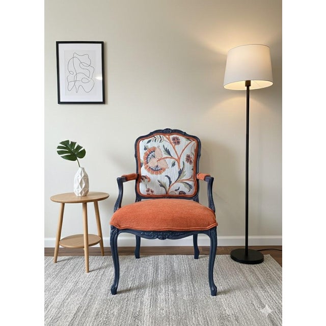 Hand-Painted French Provincial Armchair - Navy Blue & Orange Velvet - Whimsical Floral Reupholstered Accent Chair For Sale - Image 14 of 14