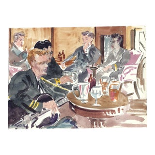 1950s Ivy Attwell Ship's Lounge Watercolor For Sale