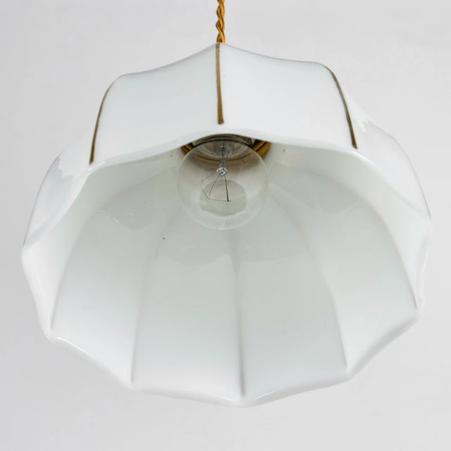 Vintage Milk Glass Pendant W/ Fluted Shade + Gold Detail For Sale In Los Angeles - Image 6 of 8