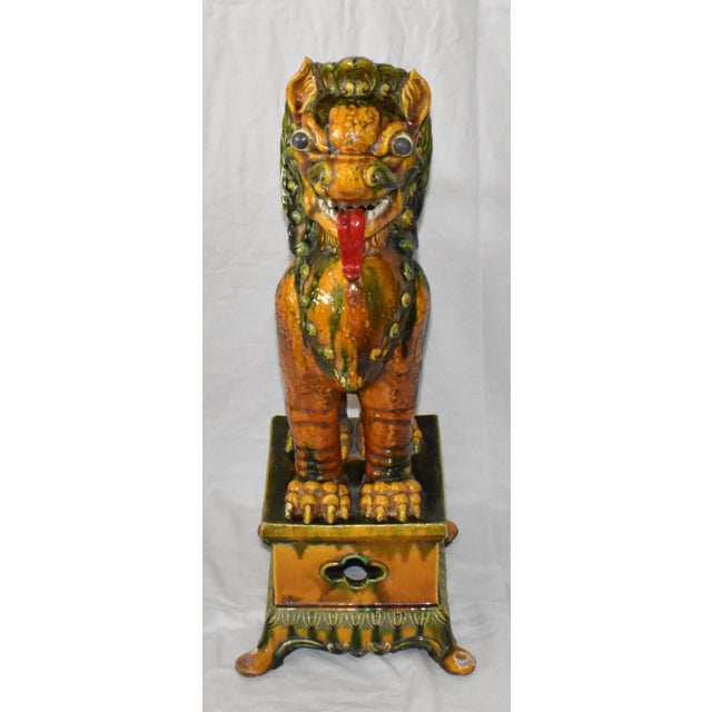 Yellow Vintage Mid 20th Century Ricci Italian Majolica Chinese Guardian Lion Statue Large Ceramic Foo Dog Sculpture Signed For Sale - Image 8 of 13