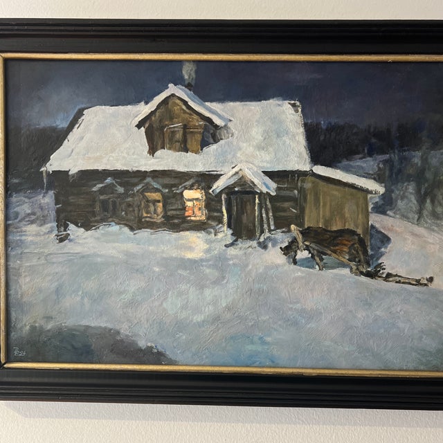 Rustic European 20th Century Eurooean School Oil on Canvason Board by V.Rozhkov Artist Titled Night Is Coming Made in 1994 Framed Signed For Sale - Image 3 of 11