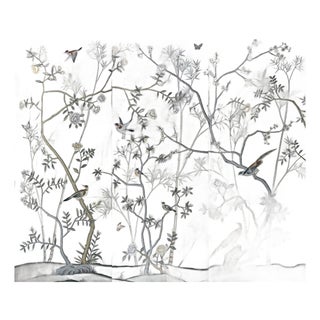 Silver Leaf Hand-Painted Chinoiserie Mural | Birds, Blossoms & Bamboo | 3-Panel Wallpaper For Sale
