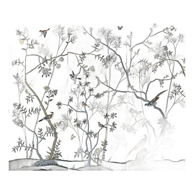Silver Leaf Hand-Painted Chinoiserie Mural | Birds, Blossoms & Bamboo | 3-Panel Wallpaper For Sale
