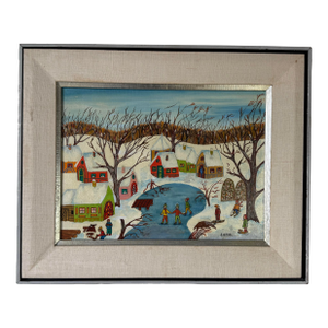 Vintage Lilian Latal Folk Art Winter Landscape Oil on Canvas Painting