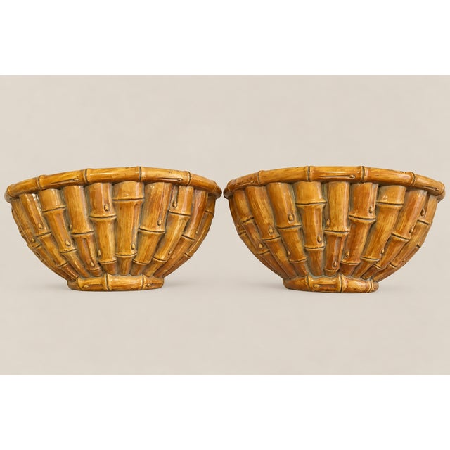 Chinoiserie Large Vintage Palm Beach Coastal Chinoiserie Faux Bamboo Wall Shelves Brackets Sconces- A Pair For Sale - Image 3 of 7