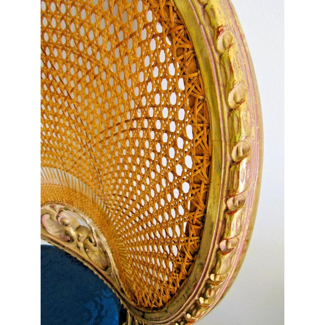 1940s French Louis XVI Style Fauteuil Chair Giltwood Frame Cane Oval Back Blue Fabric For Sale - Image 14 of 15