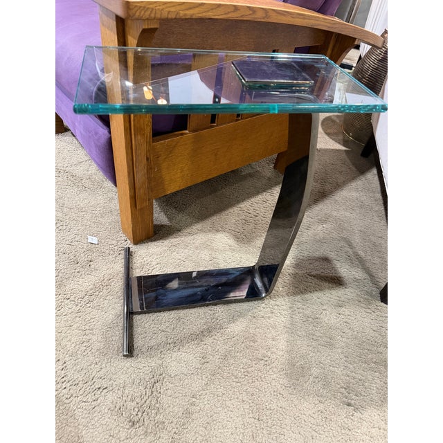 Contemporary Attributed Dia Vintage Brushed Nickel and Glass Top Side Table For Sale - Image 3 of 5