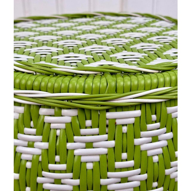 Vintage Boho Avocado Green & White Argyle Faux Wicker Garden Stool For Sale - Image 6 of 8