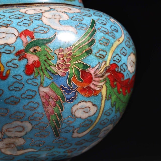 Turquoise Pair of Cloisonne Enamel Vases – 11.8" Dragon & Phoenix Baluster Form With Qianlong Mark For Sale - Image 8 of 9