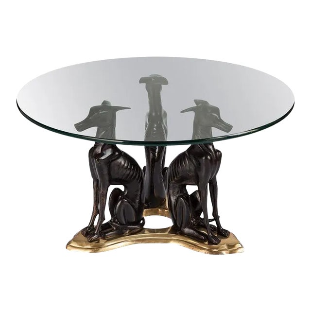 Mid-Century Maitland-Smith Italian Bronze Whippets Greyhounds Dog Art Deco Style Brass Trefoil Base Cocktail Table For Sale