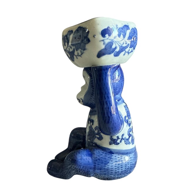 Ceramic Vintage Blue & White Porcelain “Bar Monkey” Chinoiserie Bowl, 7.75” Tall For Sale - Image 7 of 8