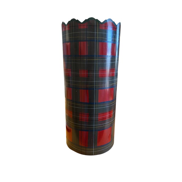 English Vintage Tole Red Plaid Umbrella Stand For Sale - Image 3 of 7