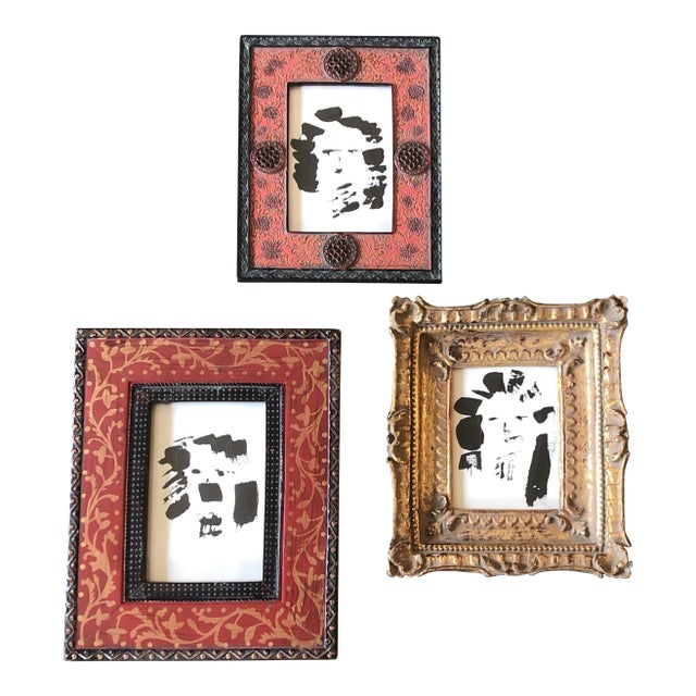 Contemporary Collection of 3 Abstract Portrait Paintings Ornate Small Tabletop Frames For Sale