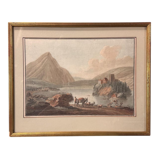 Antique Gilt Framed Colored Lithograph Print Mountain Landscape Lakeside Village For Sale