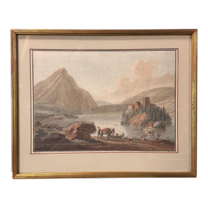 Antique Gilt Framed Colored Lithograph Print Mountain Landscape Lakeside Village