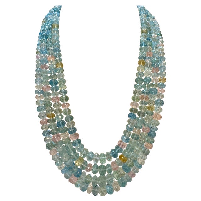 1000 Carat Natural Fine Aquamarine Bead Necklace, Four Strand in Metal Clasp For Sale - Image 15 of 18