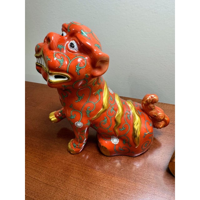 2010s Herend Red Dynasty Foo Dog Guardian Lion Red Ground Hand Painted Porcelain For Sale - Image 5 of 15