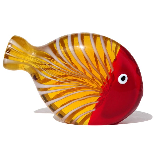 Vintage Murano Sommerso Red Orange White Fenicio Pattern Italian Art Glass Fish Paperweight Figurine For Sale In Orlando - Image 6 of 8