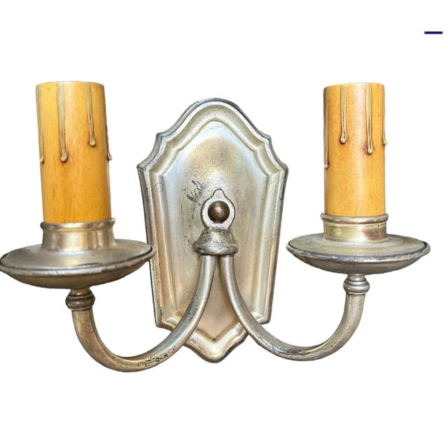 1920s Pair Brass With Silver Plate Finish Wall Sconces, Circa 1920 For Sale - Image 5 of 8