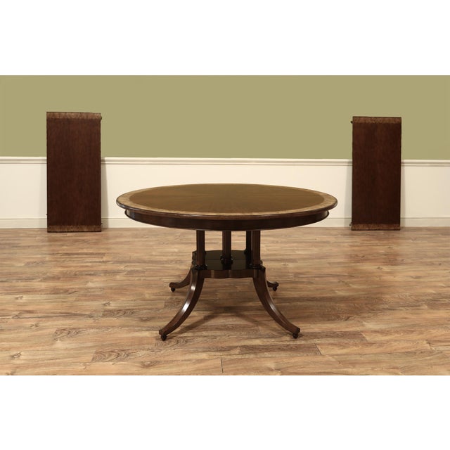 54 Inch Round Inlaid Walnut Pedestal Dining Table With Leaves Seats 4 to 8 People For Sale - Image 4 of 14